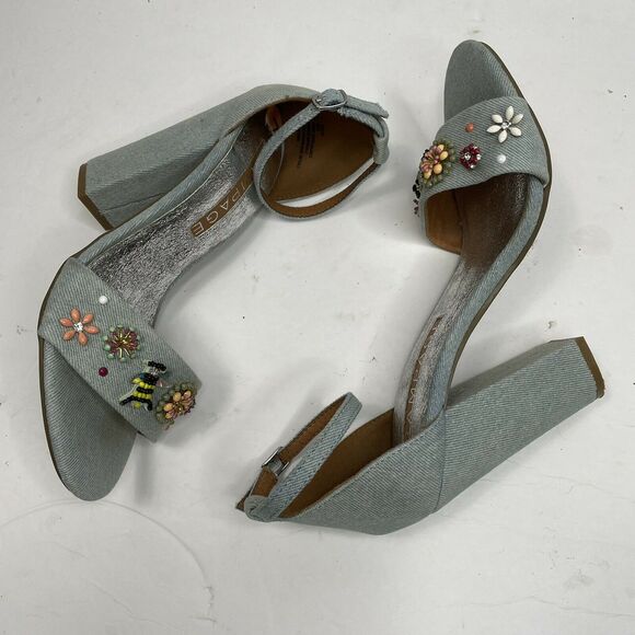Rampage Skye Denim Bee Flower Embellished Ankle Strap Sandal Heels Size 7 - Picture 4 of 9
